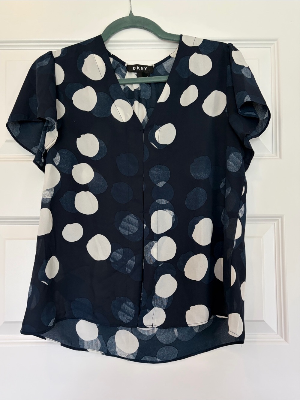 DKNY Women's Navy and White Polka Dot Top Small